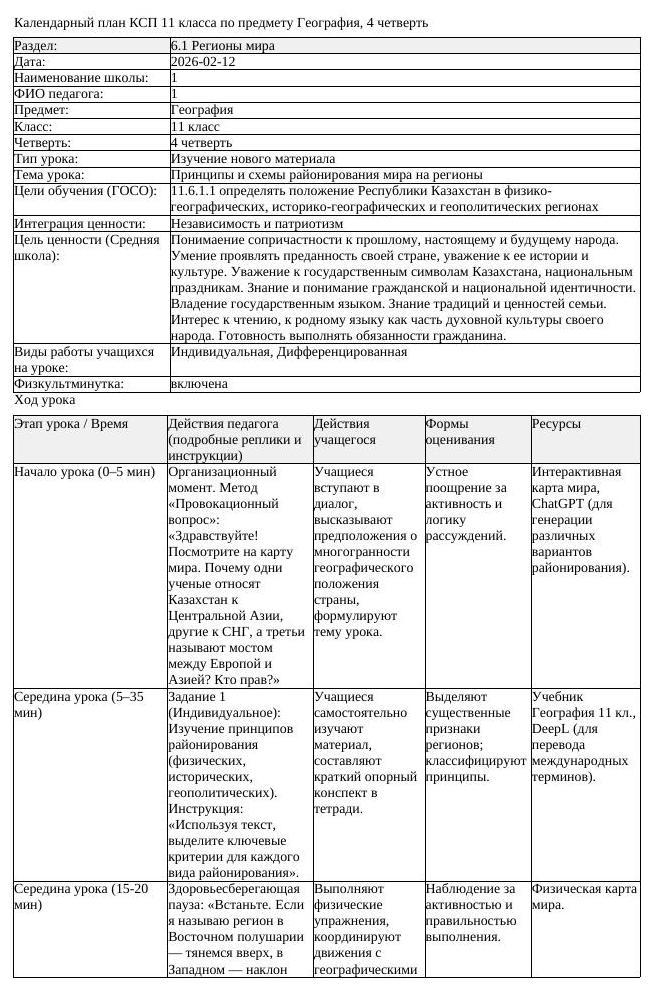 КСП География 11 класс ОГН 4 четверть Принципы и схемы районирования