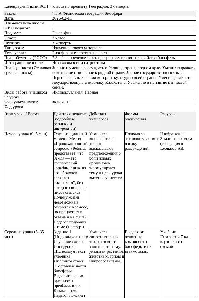 КСП География 7 класс 3 четверть Биосфера и ее составные части docx