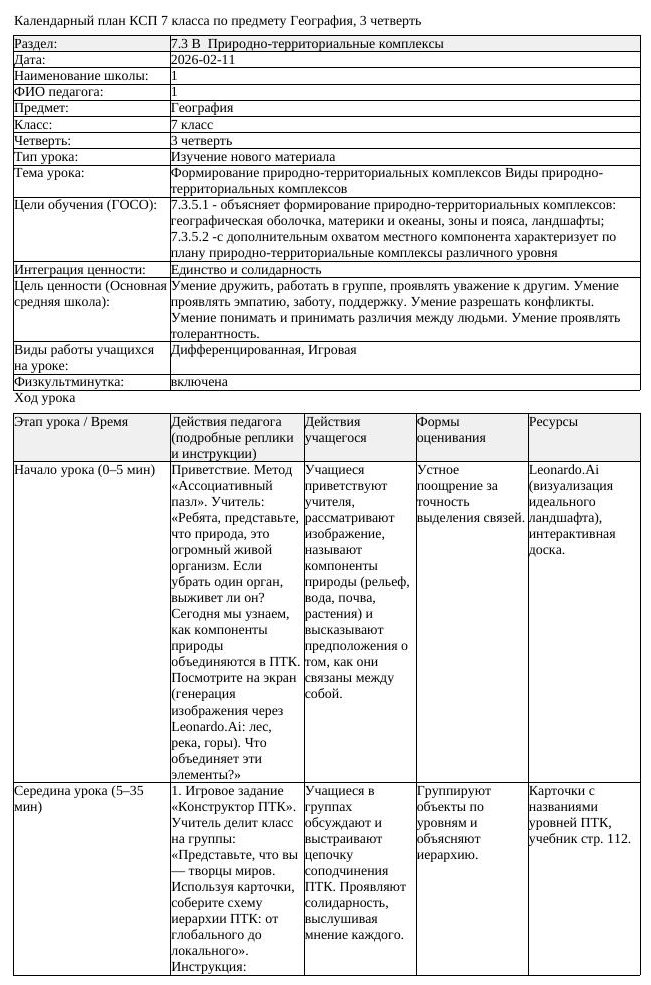 КСП География 7 класс 3 четверть Формирование природно территориальных