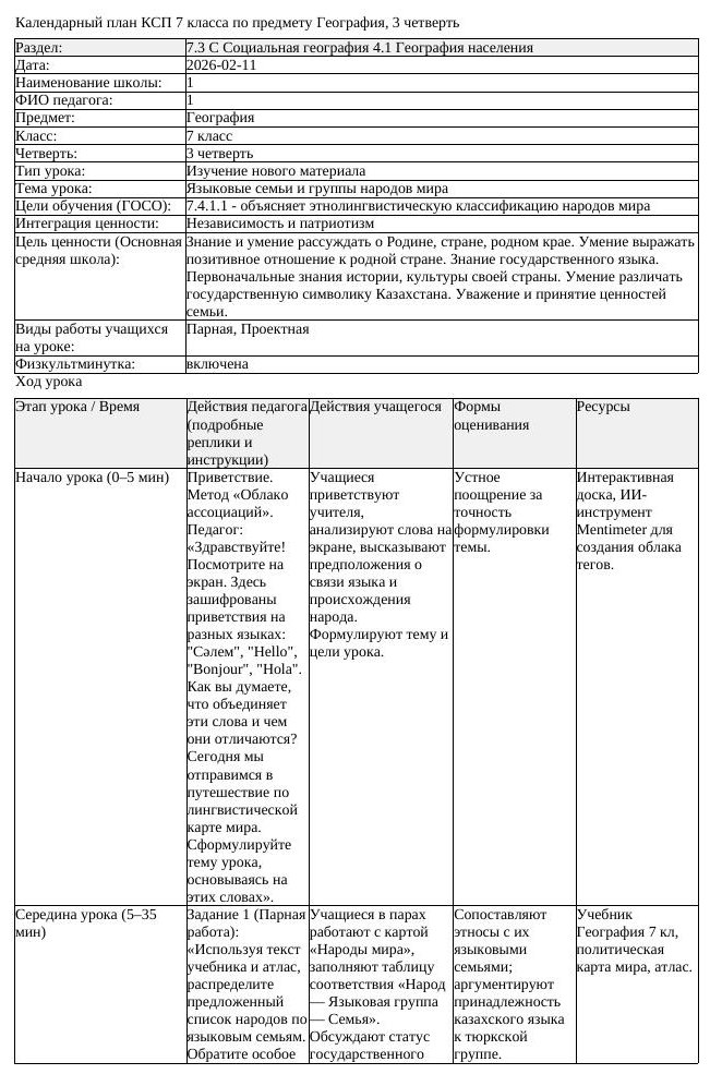 КСП География 7 класс 3 четверть Языковые семьи и группы народов мира
