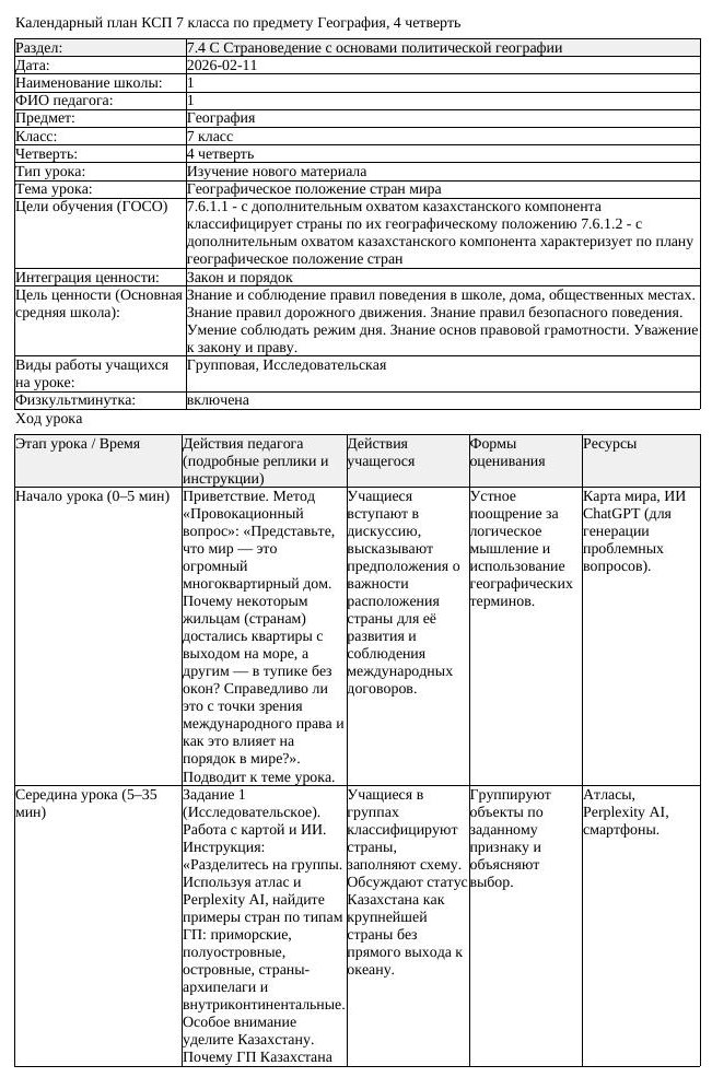 КСП География 7 класс 4 четверть Географическое положение стран мира