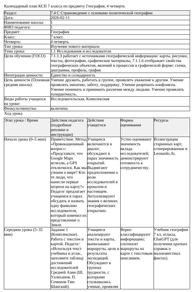КСП География 7 класс 4 четверть Исследования и исследователиx