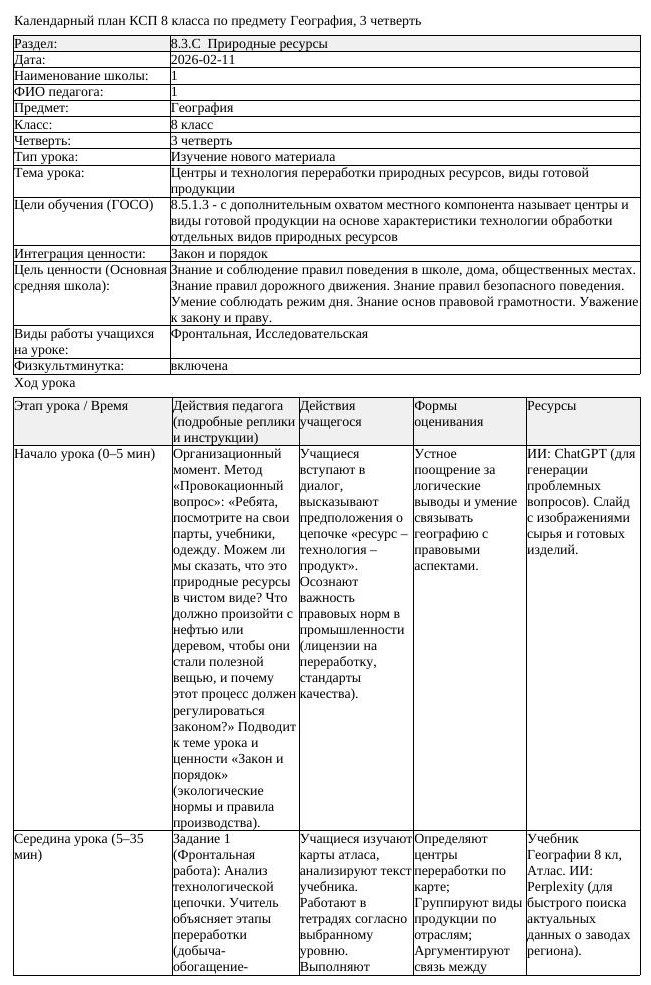 КСП География 8 класс 3 четверть Центры и технология переработки природных