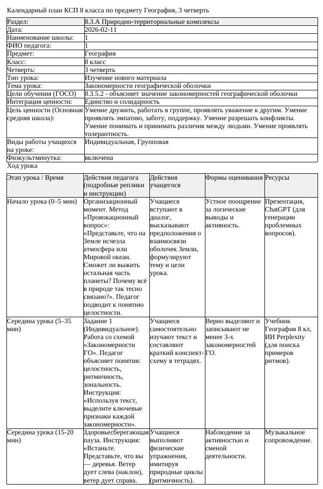 КСП География 8 класс 3 четверть Закономерности географической оболочки