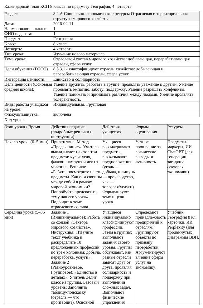 КСП География 8 класс 4 четверть Отраслевой состав мирового хозяйства