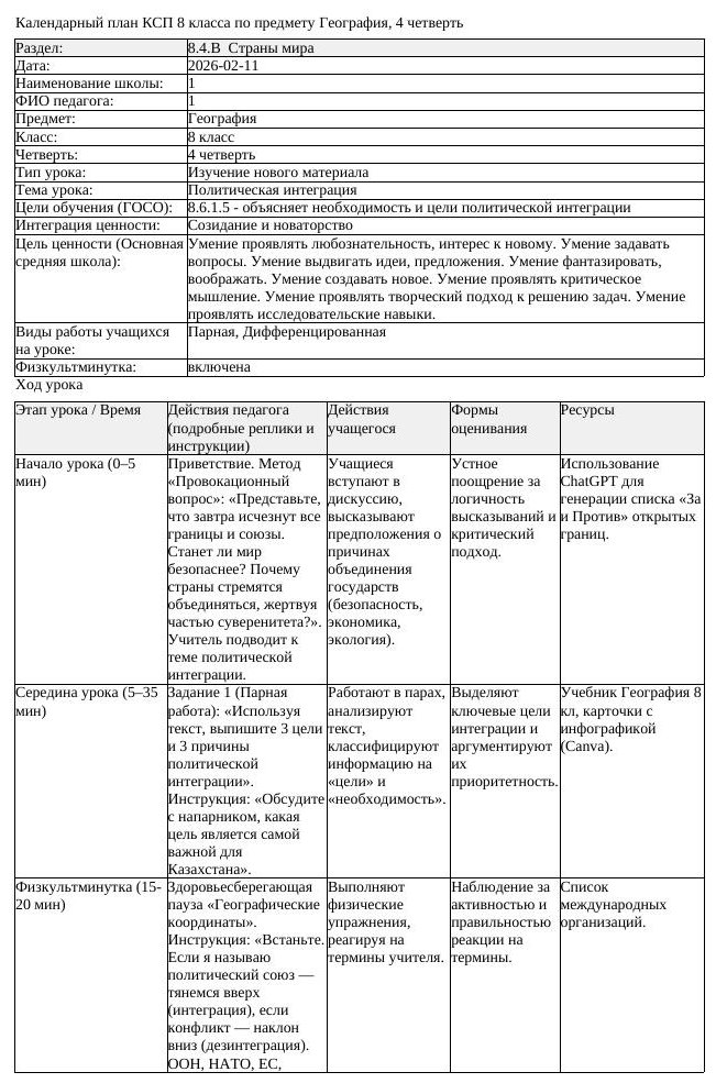 КСП География 8 класс 4 четверть Политическая интеграция docx