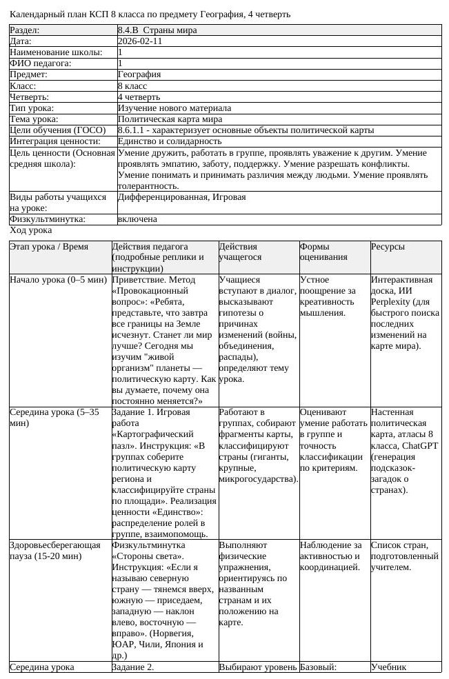 КСП География 8 класс 4 четверть Политическая карта мира docx