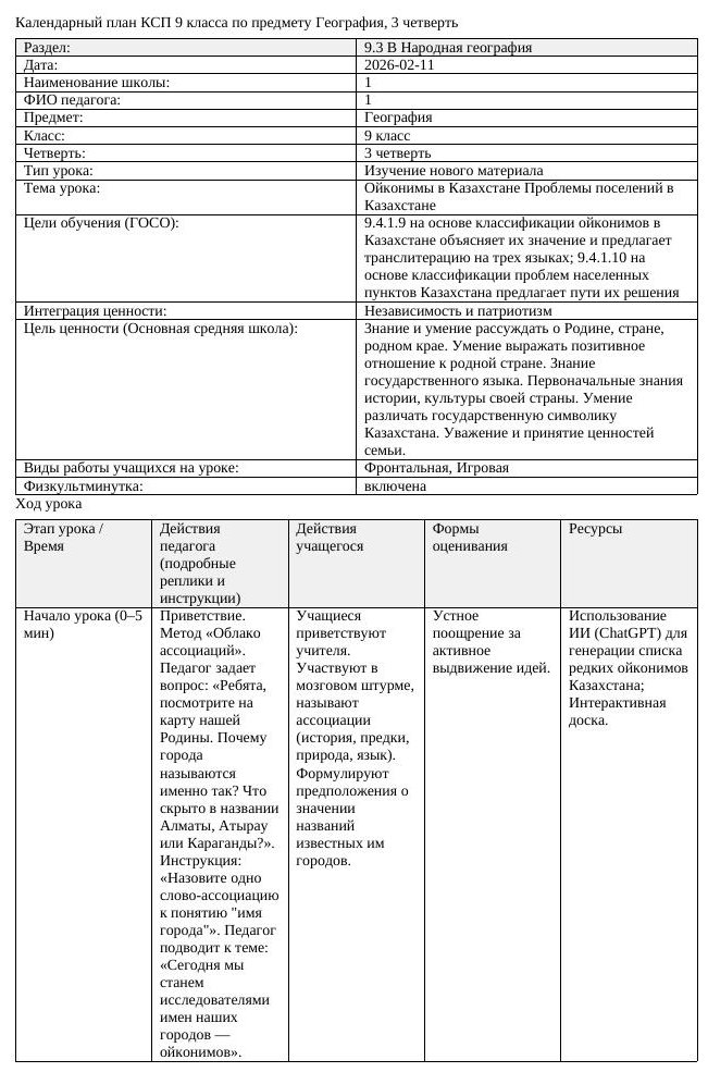 КСП География 9 класс 3 четверть Ойконимы в Казахстане Проблемы поселений