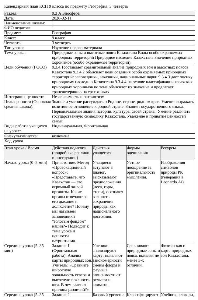 КСП География 9 класс 3 четверть Природные зоны и высотные пояса Казахстана