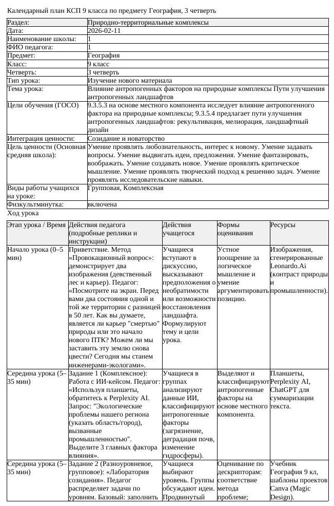 КСП География 9 класс 3 четверть Влияние антропогенных факторов на