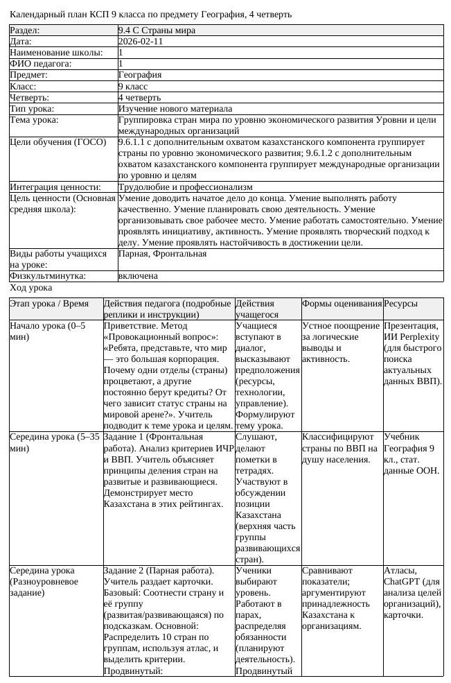 КСП География 9 класс 4 четверть Группировка стран мира по уровню