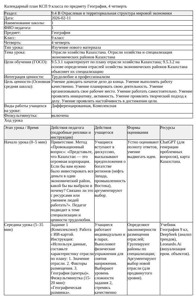 КСП География 9 класс 4 четверть Отрасли хозяйства Казахстана Отрасли