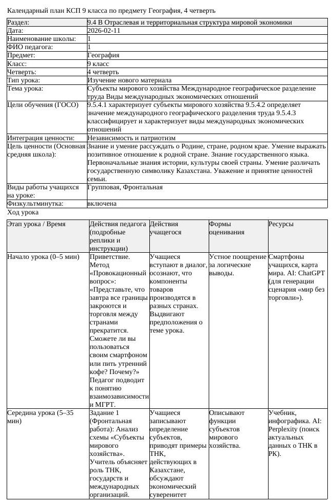 КСП География 9 класс 4 четверть Субъекты мирового хозяйства Международное