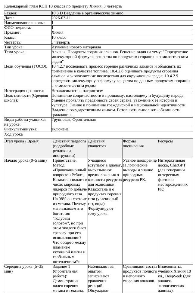 КСП Химия 10 класс 3 четверть Алканы Продукты сгорания алканов Решение (урок 3)