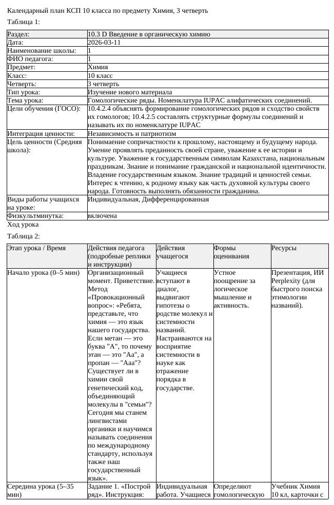 КСП Химия 10 класс 3 четверть Гомологические ряды Номенклатура IUPAC (урок 3)