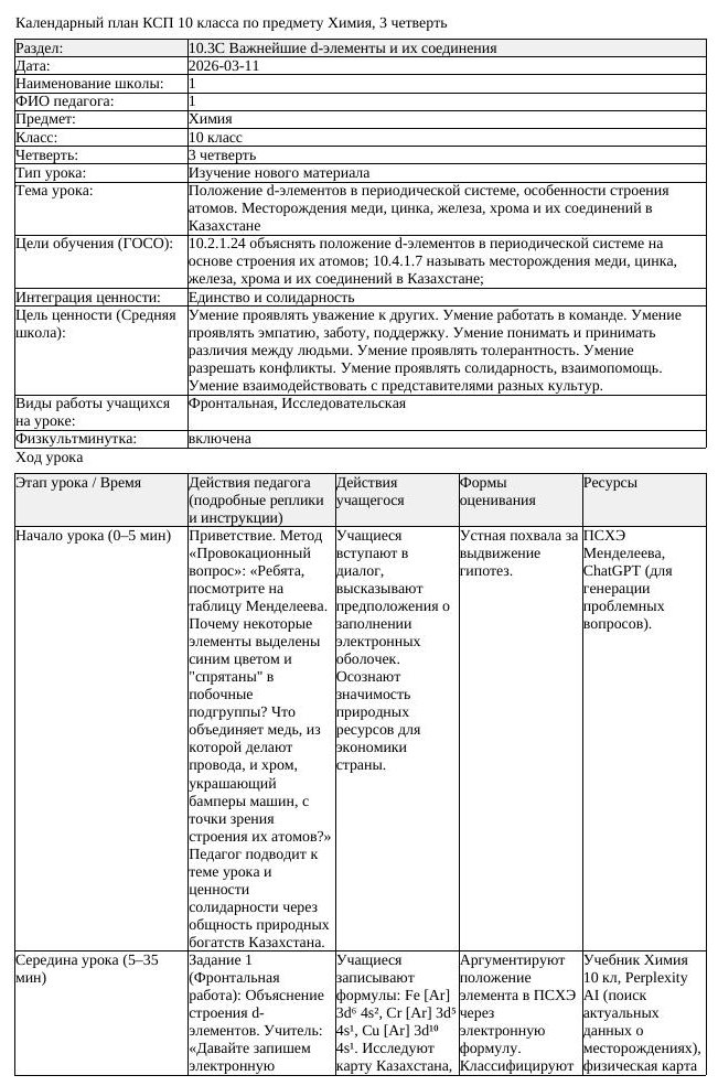 КСП Химия 10 класс 3 четверть Положение d элементов в периодической
