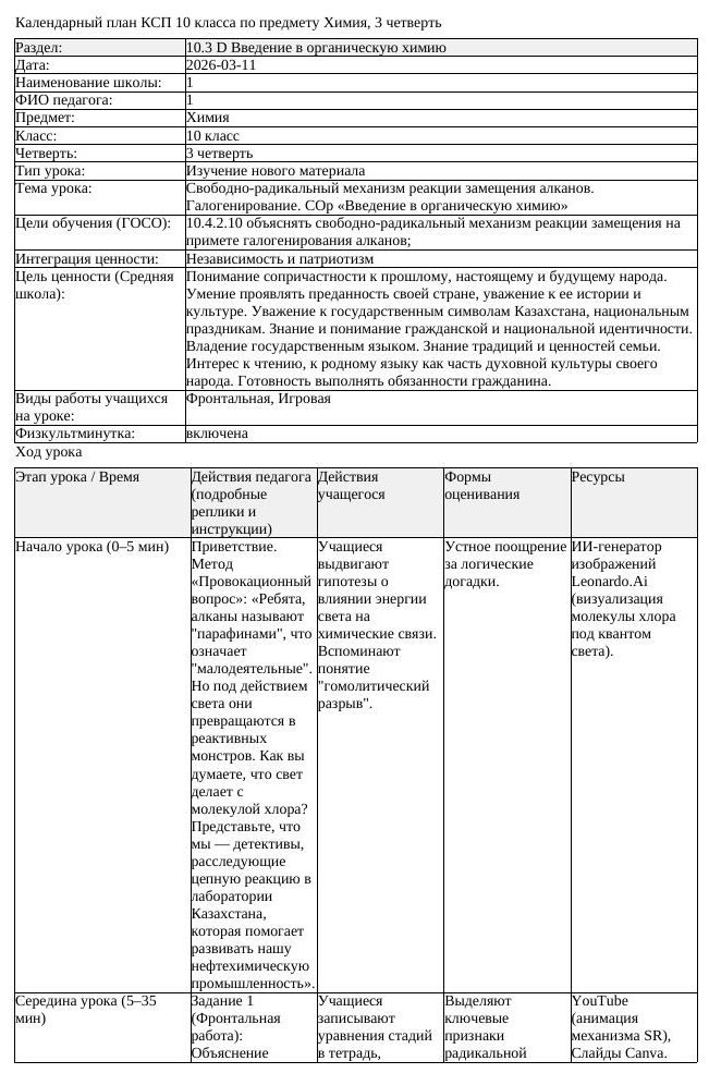 КСП Химия 10 класс 3 четверть Свободно радикальный механизм реакции (урок 1)