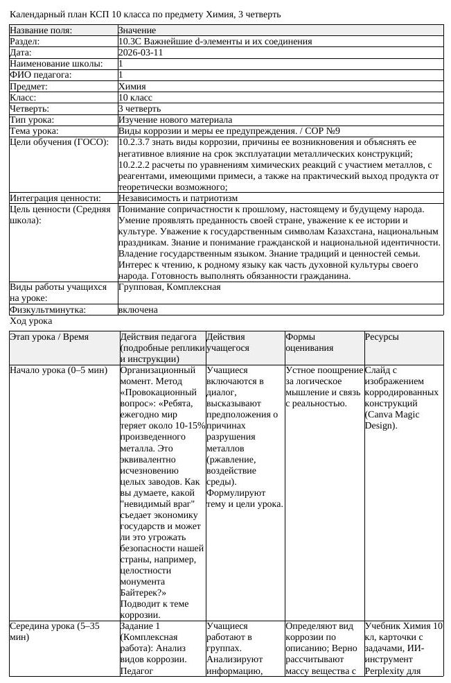КСП Химия 10 класс 3 четверть Виды коррозии и меры ее предупреждения (урок 2)