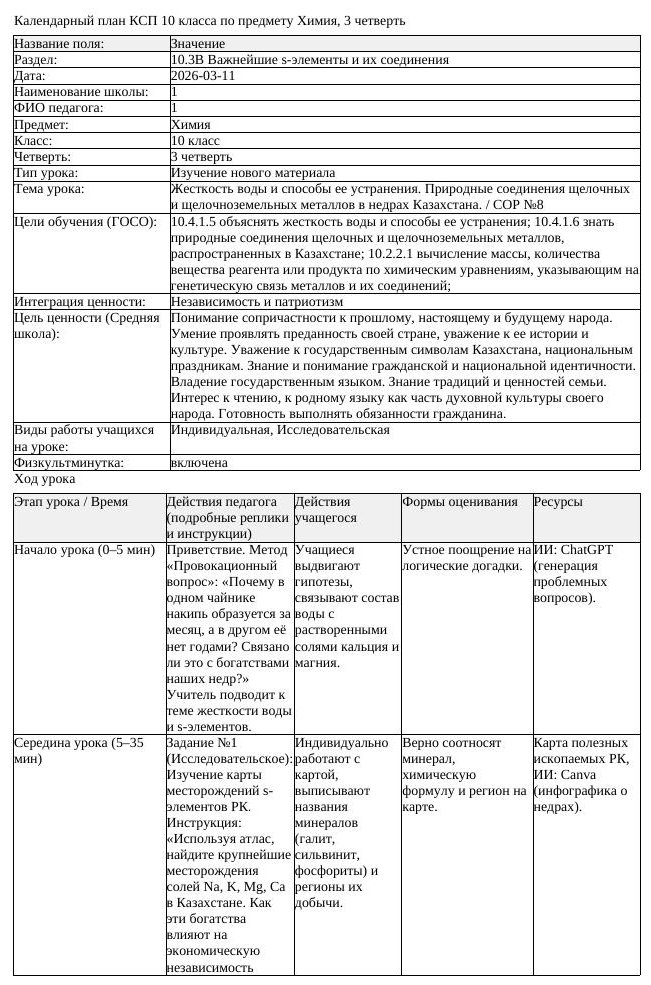 КСП Химия 10 класс 3 четверть Жесткость воды и способы ее устранения