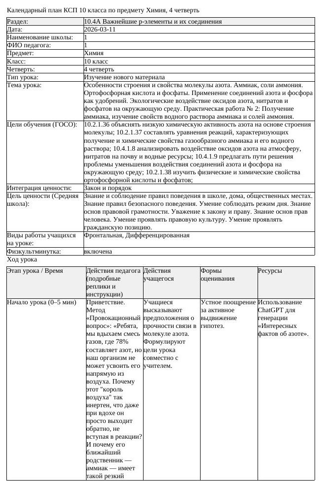 КСП Химия 10 класс 4 четверть Особенности строения и свойства молекулы (урок 2)