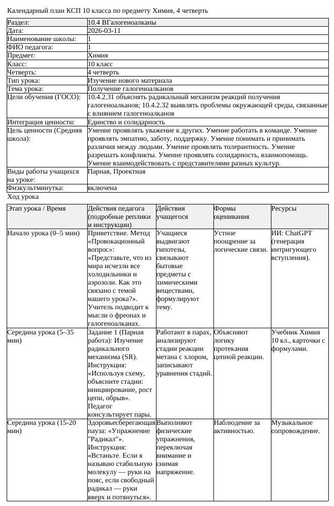КСП Химия 10 класс 4 четверть Получение галогеноалканов
