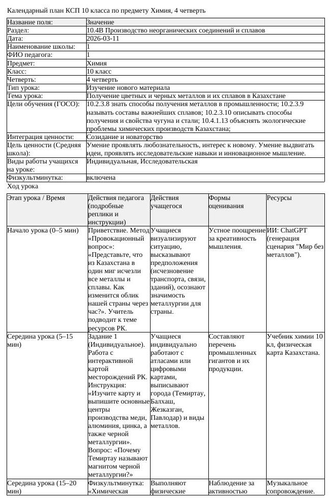 КСП Химия 10 класс 4 четверть Получение цветных и черных металлов