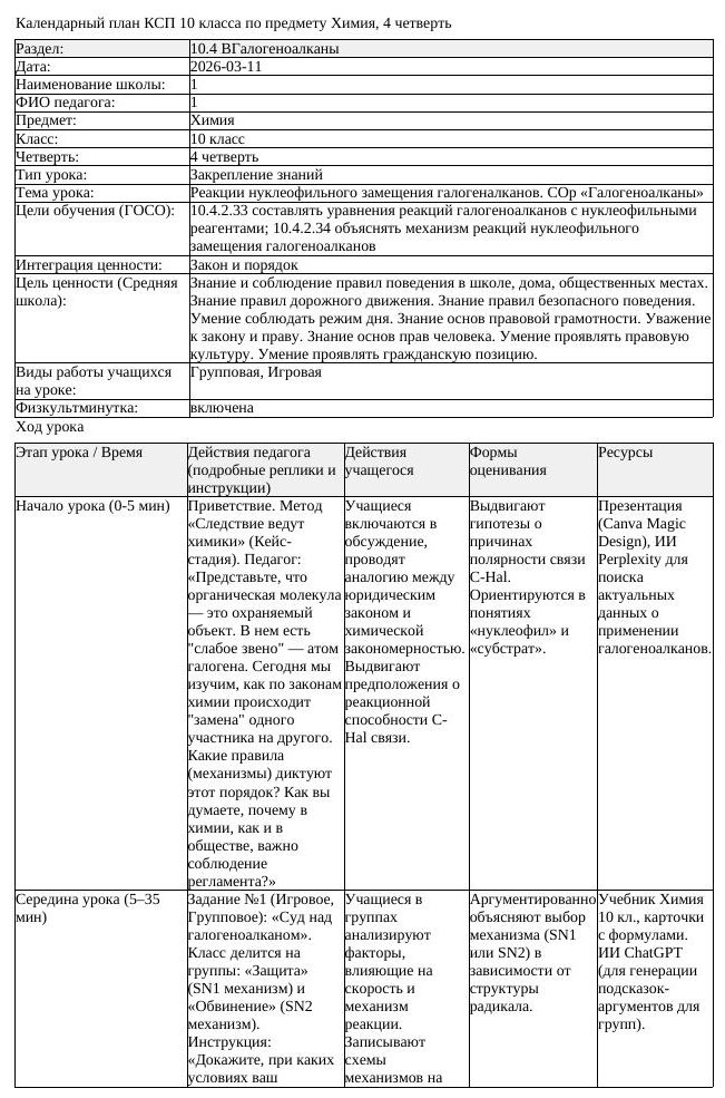 КСП Химия 10 класс 4 четверть Реакции нуклеофильного замещения галогеналкано (урок 2)