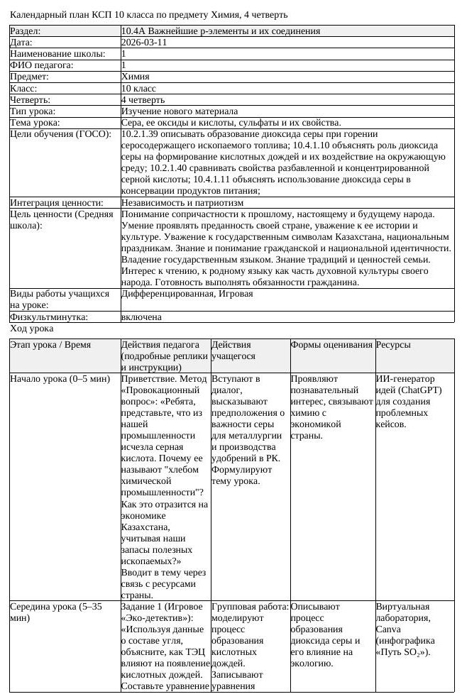 КСП Химия 10 класс 4 четверть Сера ее оксиды и кислоты сульфаты и