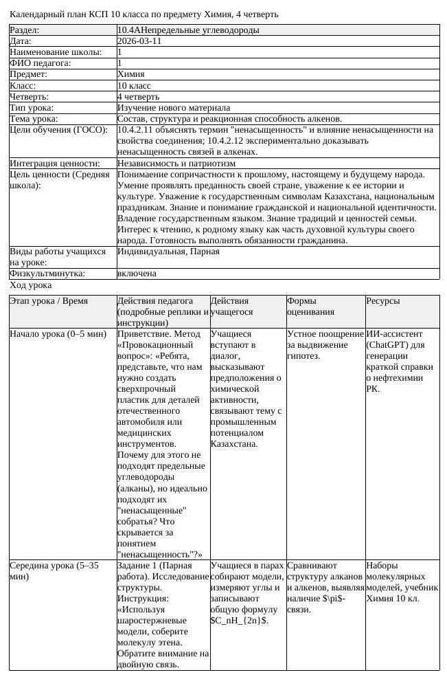 КСП Химия 10 класс 4 четверть Состав структура и реакционная способность