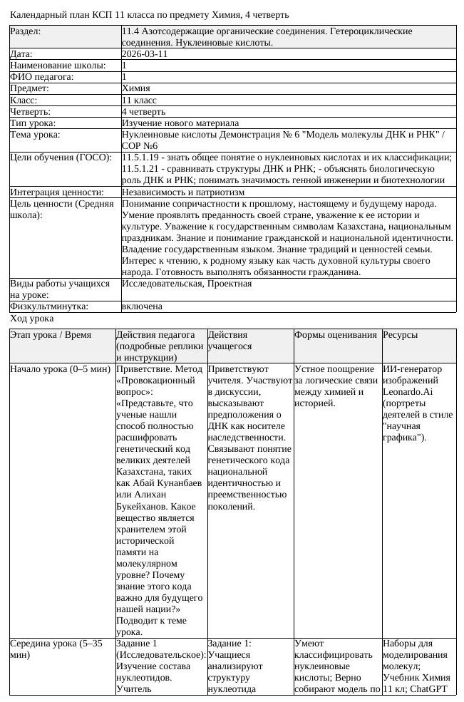 КСП Химия 11 класс 4 четверть Нуклеиновые кислоты Демонстрация 6 (урок 2)