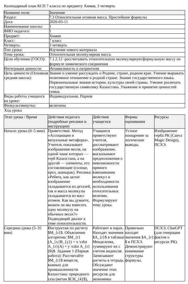 КСП Химия 7 класс 3 четверть Относительная молекулярная масса
