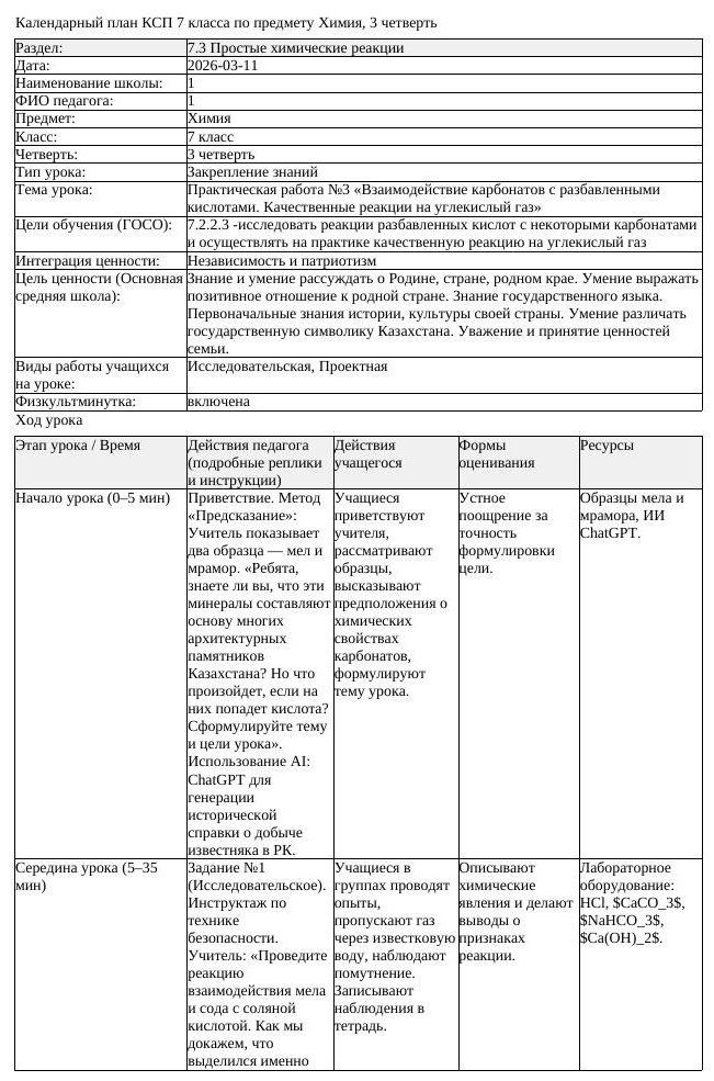 КСП Химия 7 класс 3 четверть Практическая работа 3 Взаимодействие