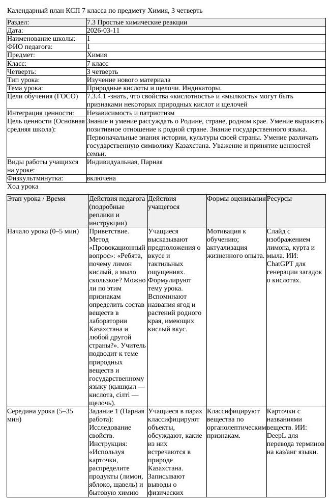 КСП Химия 7 класс 3 четверть Природные кислоты и щелочи Индикаторы (урок 2)