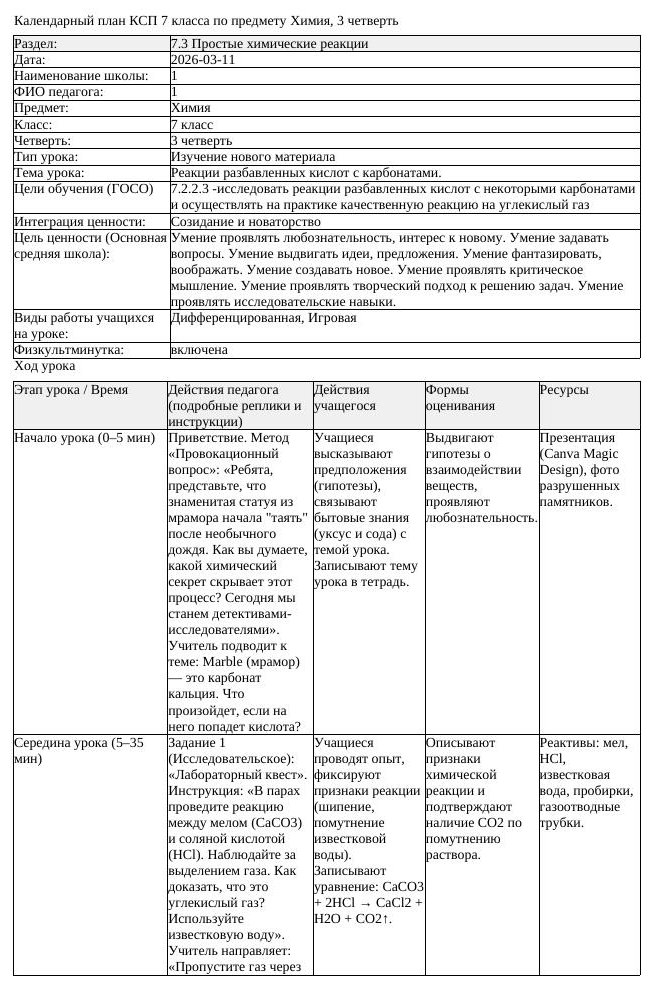КСП Химия 7 класс 3 четверть Реакции разбавленных кислот с карбонатами