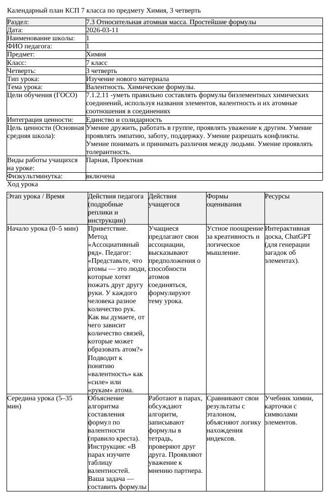 КСП Химия 7 класс 3 четверть Валентность Химические формулы (урок 3)