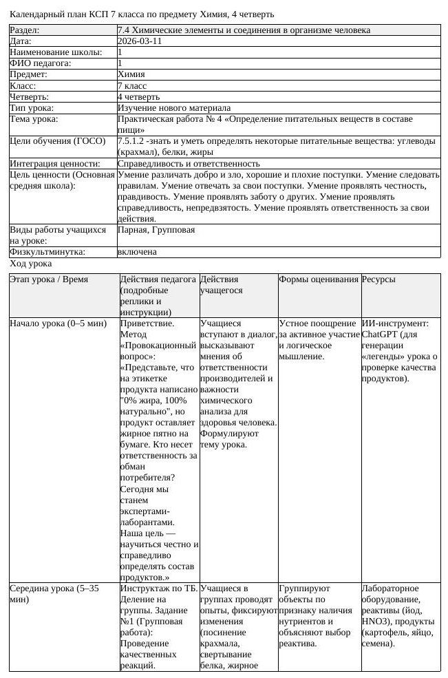 КСП Химия 7 класс 4 четверть Практическая работа 4 Определение питательных