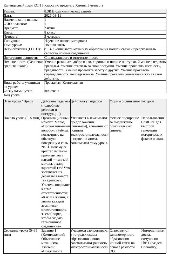 КСП Химия 8 класс 3 четверть Ионная связь docx (урок 2)