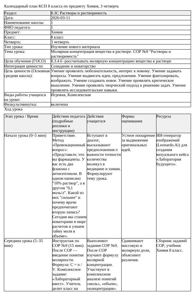 КСП Химия 8 класс 3 четверть Молярная концентрация вещества в растворе (урок 2)