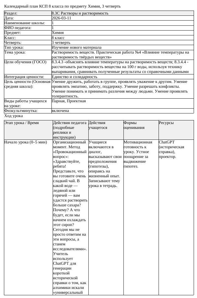 КСП Химия 8 класс 3 четверть Растворимость веществ Практическая работа