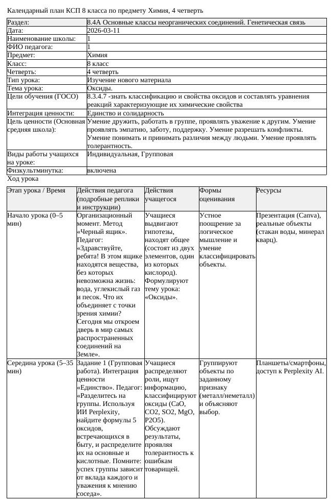 КСП Химия 8 класс 4 четверть Оксиды docx