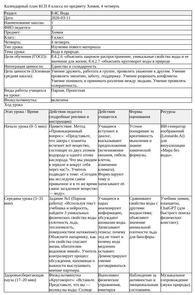 КСП Химия 8 класс 4 четверть Вода в природе docx