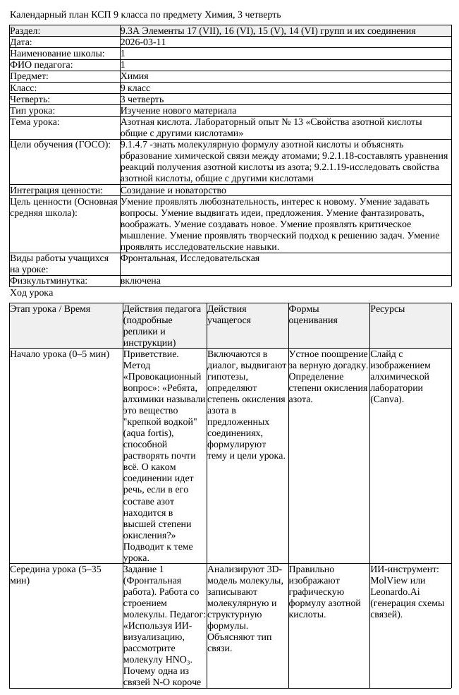КСП Химия 9 класс 3 четверть Азотная кислота Лабораторный опыт 13