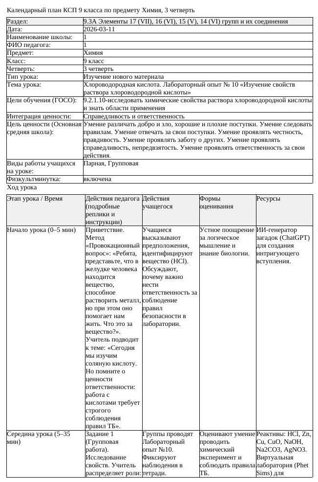 КСП Химия 9 класс 3 четверть Хлороводородная кислота Лабораторный
