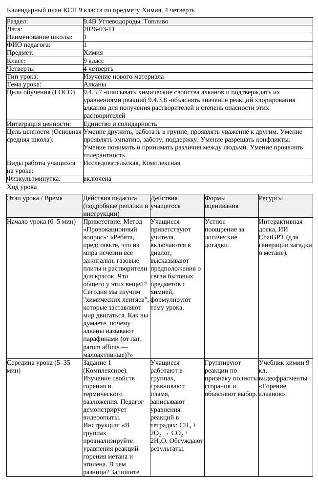 КСП Химия 9 класс 4 четверть Алканы docx