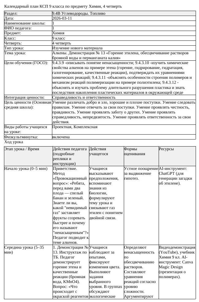 КСП Химия 9 класс 4 четверть Алкены Демонстрация 13 Горение этилена