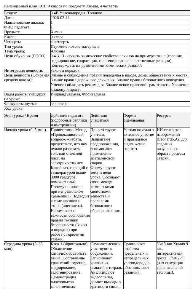 КСП Химия 9 класс 4 четверть Алкины docx