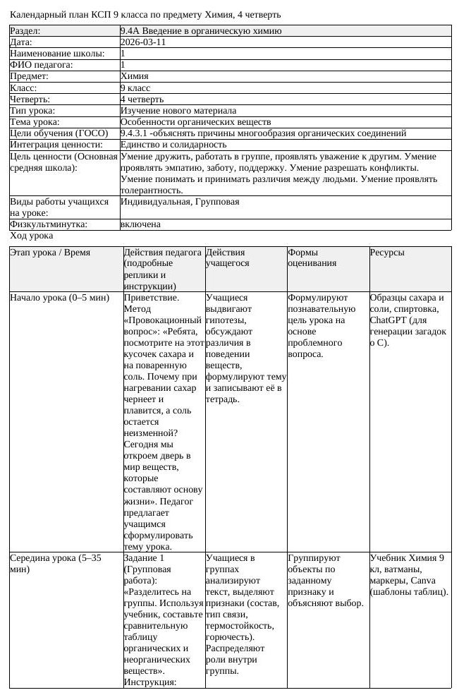 КСП Химия 9 класс 4 четверть Особенности органических веществ
