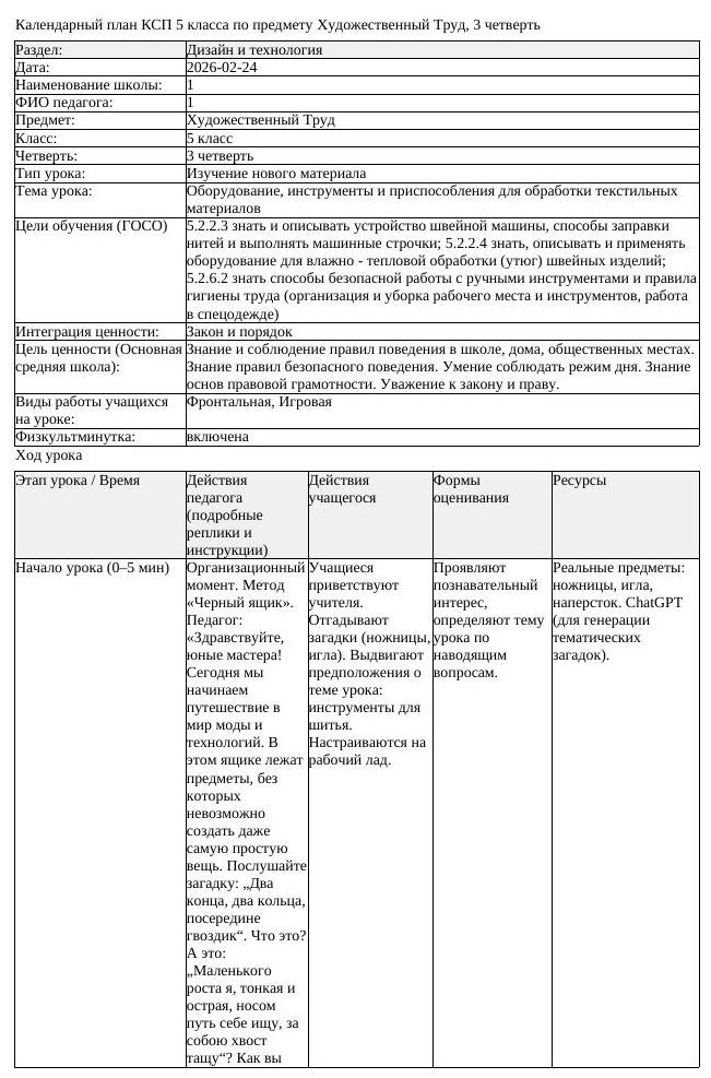КСП Художественный Труд 5 класс 3 четверть Оборудование инструменты