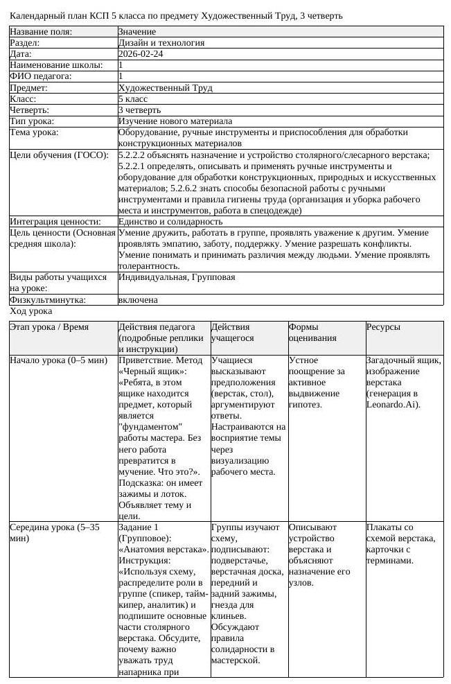 КСП Художественный Труд 5 класс 3 четверть Оборудование ручные инструменты