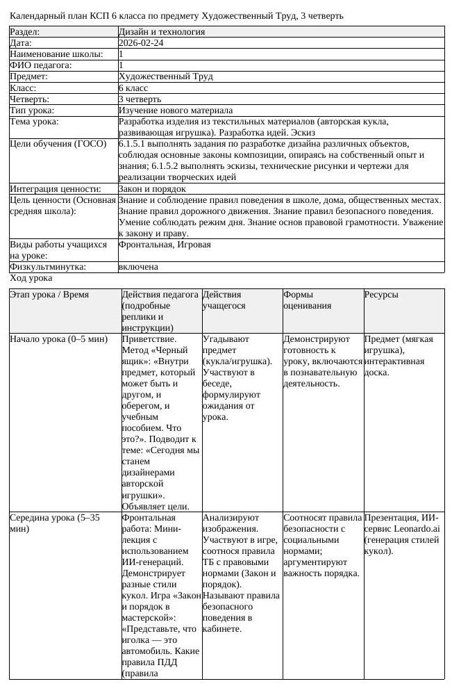КСП Художественный Труд 6 класс 3 четверть Разработка изделия из